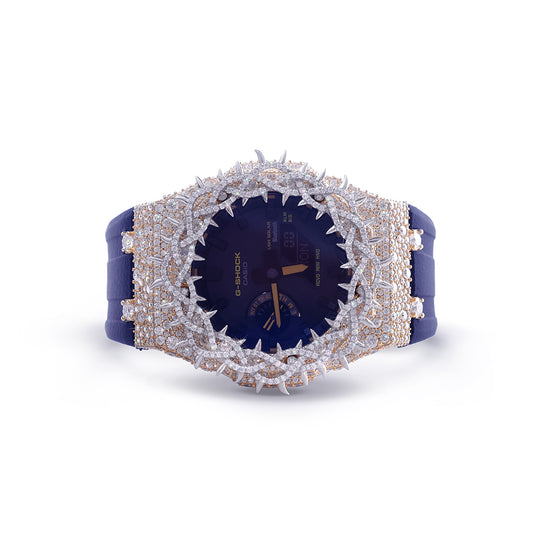 Luxury Diamond G-Shock with Gold Accents – Matte Blue Strap