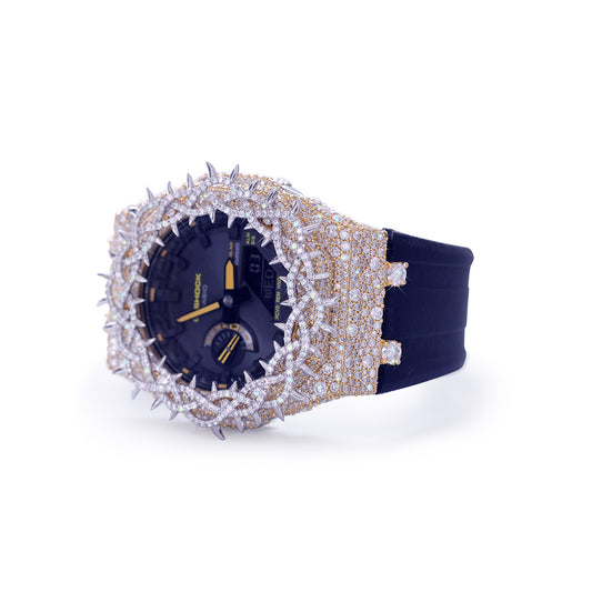 Luxury Diamond G-Shock with Gold Accents – Matte Blue Strap