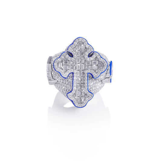 Blue Trimmed Cross Iced Ring – Bold Religious Statement