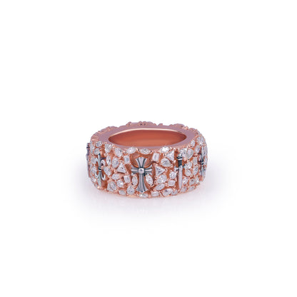 Rose Gold Band Ring with Cross & Stone Detailing