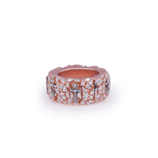 Rose Gold Band Ring with Cross & Stone Detailing