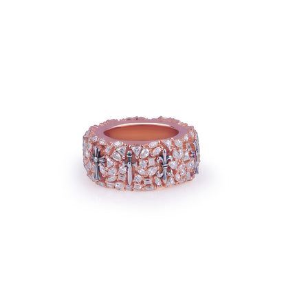 Rose Gold Band Ring with Cross & Stone Detailing