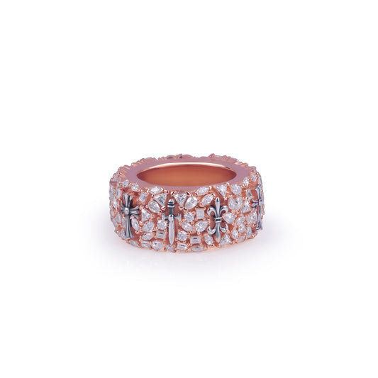 Rose Gold Band Ring with Cross & Stone Detailing