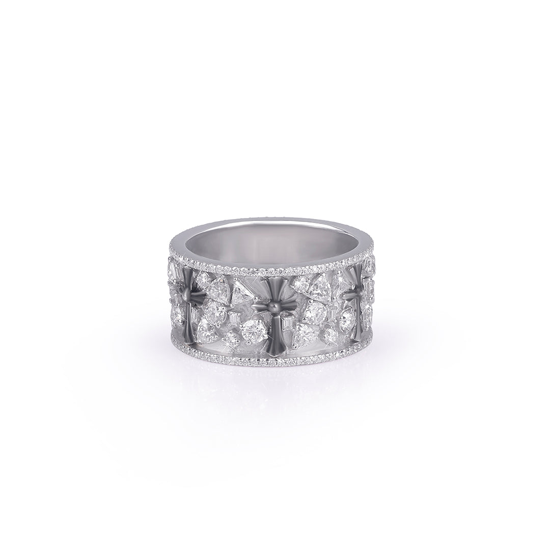 Wide White Gold Band Ring with Cross Detailing