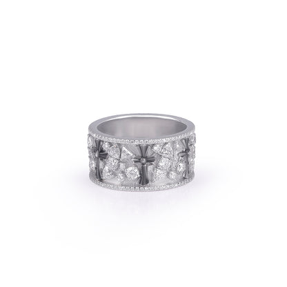 Wide White Gold Band Ring with Cross Detailing