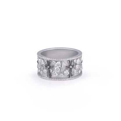 Wide White Gold Band Ring with Cross Detailing