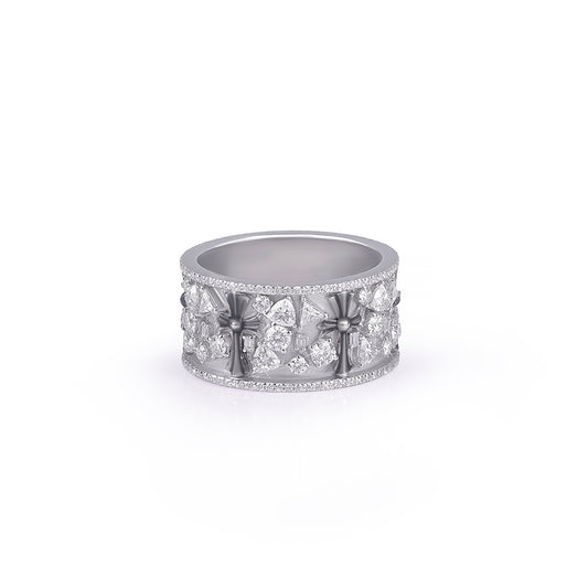 Wide White Gold Band Ring with Cross Detailing