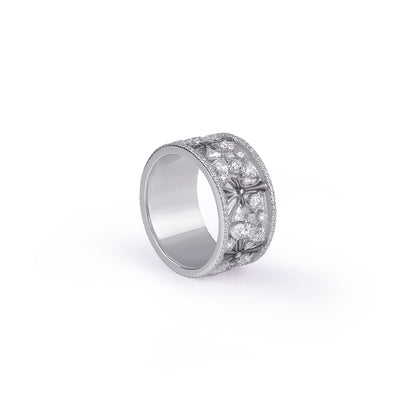 Wide White Gold Band Ring with Cross Detailing