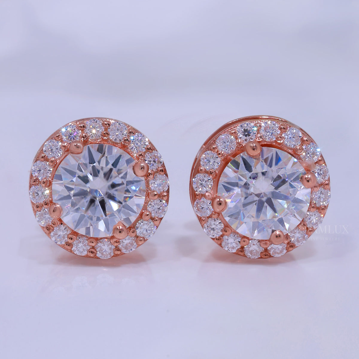 Round Brilliant Cut Solitaire Stud Earrings Rose Gold Diamlux Fine Jewelry