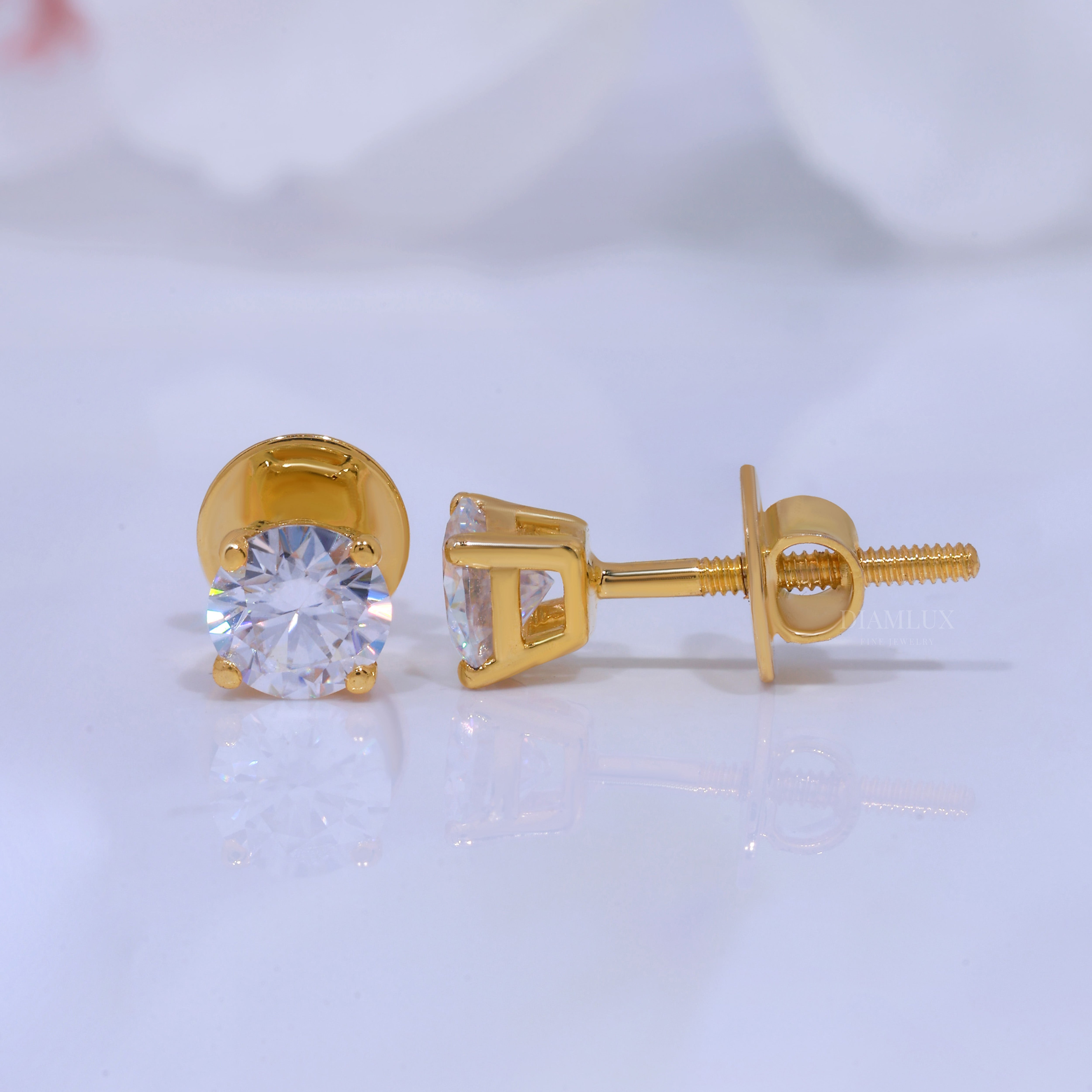 Yellow Gold Solitaire Studs Round Cut Sparkle Earrings Diamlux Fine Jewelry