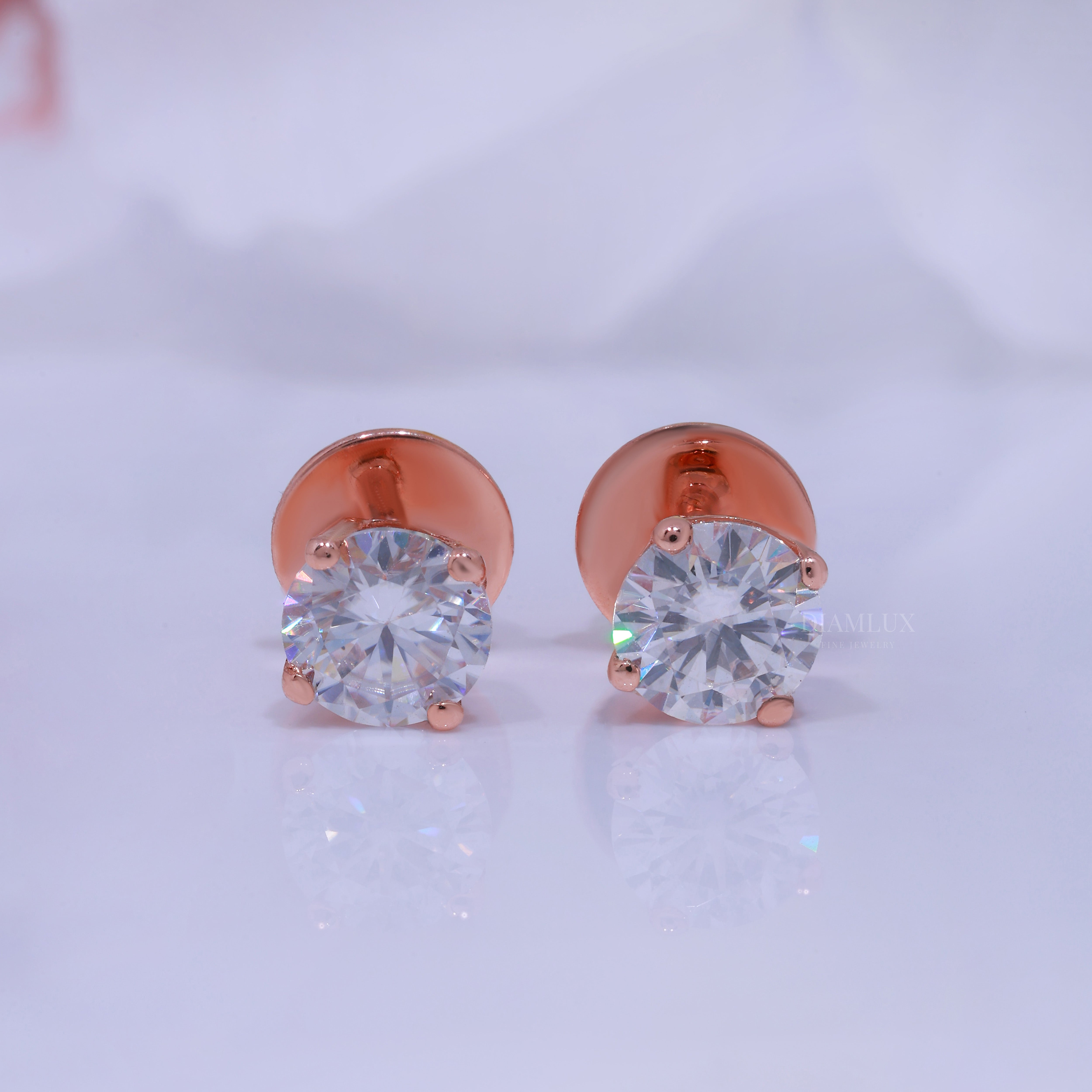 Rose Gold Round Brilliant Cut Diamond Stud Earrings Diamlux Fine Jewelry