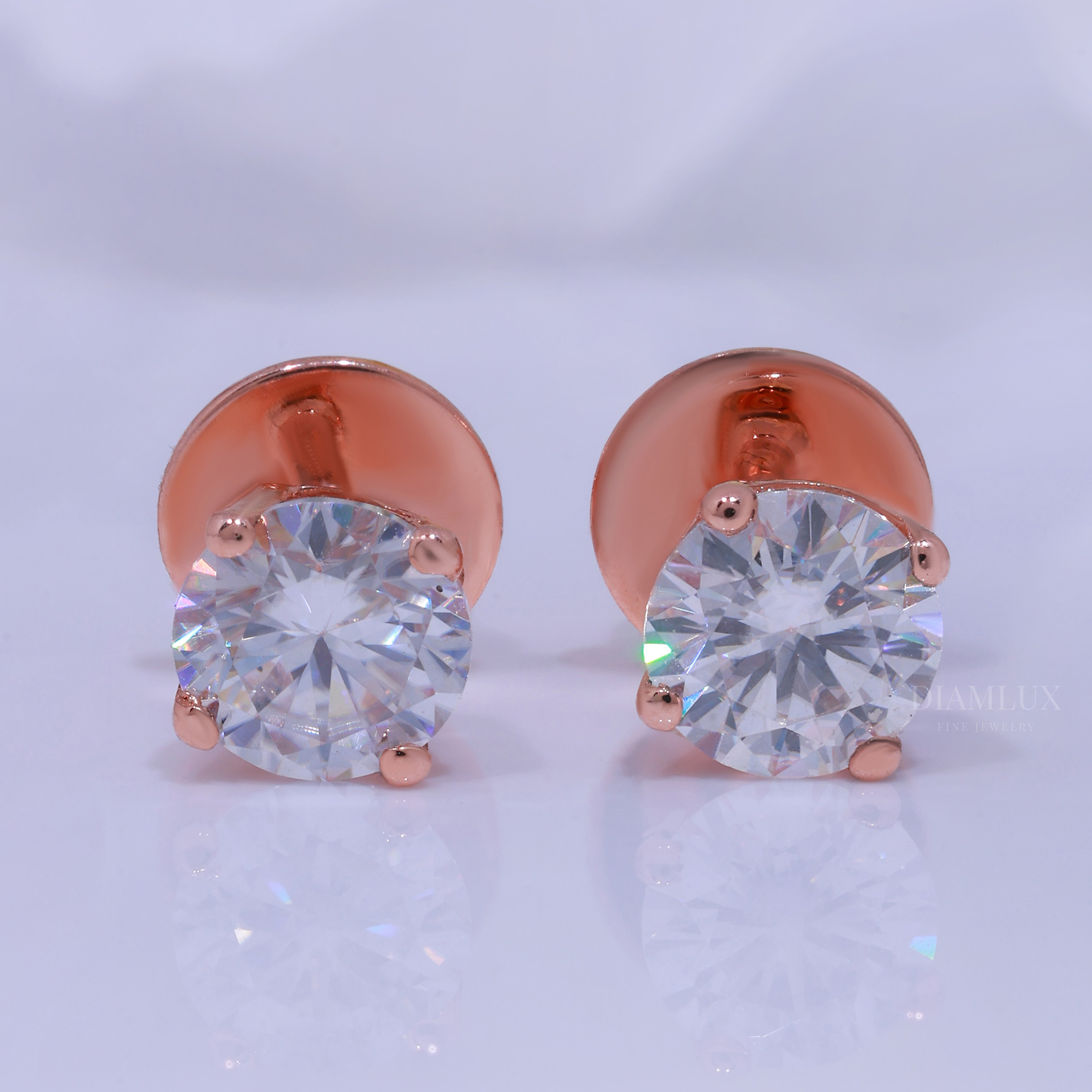 Rose Gold Round Brilliant Cut Diamond Stud Earrings Diamlux Fine Jewelry
