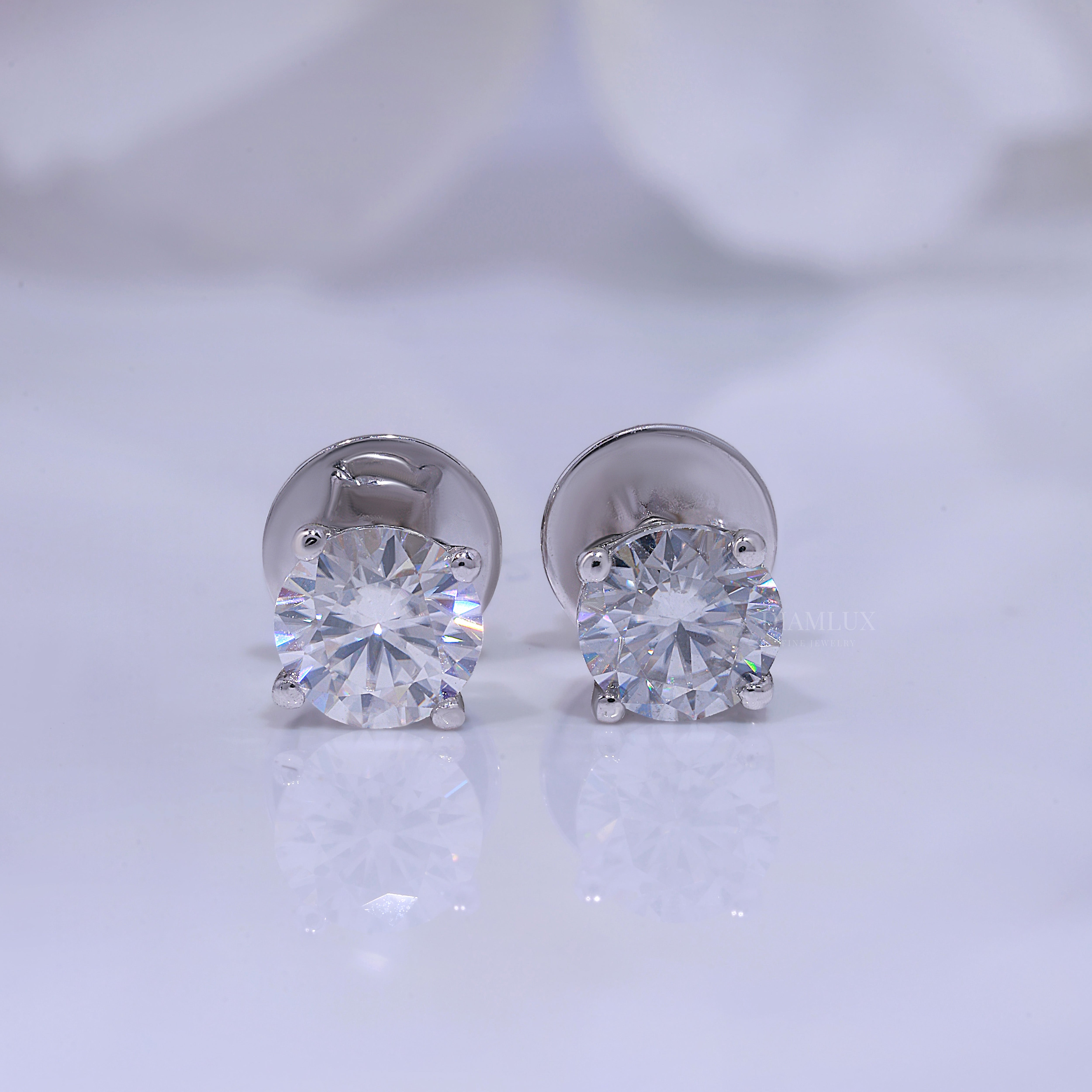 Classic Round Brilliant Cut Diamond Stud Earrings in 14K White Gold Diamlux Fine Jewelry
