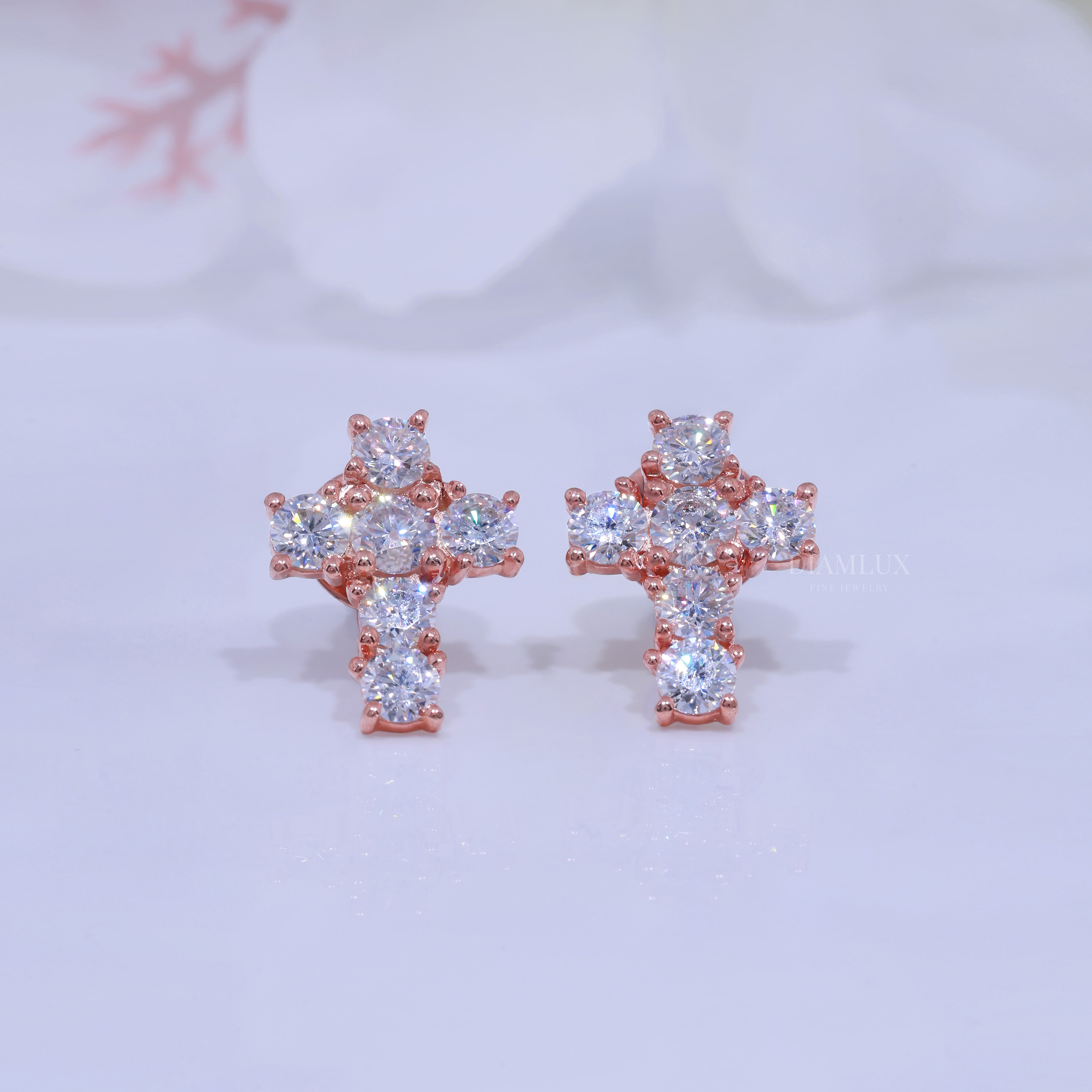 Rose Gold  Diamond Stud Cross Earrings with Moissanite Diamond Diamlux Fine Jewelry