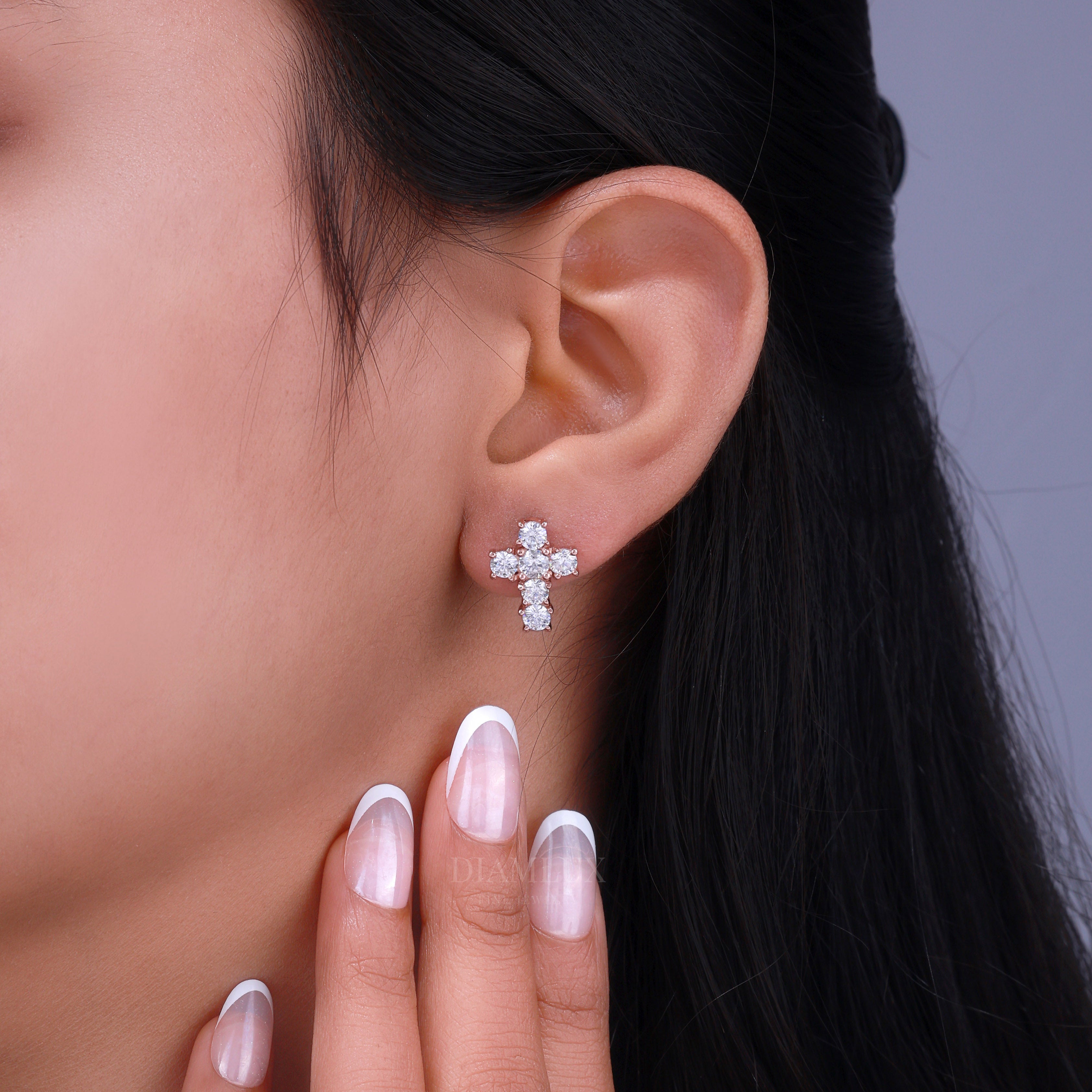 Rose Gold  Diamond Stud Cross Earrings with Moissanite Diamond Diamlux Fine Jewelry
