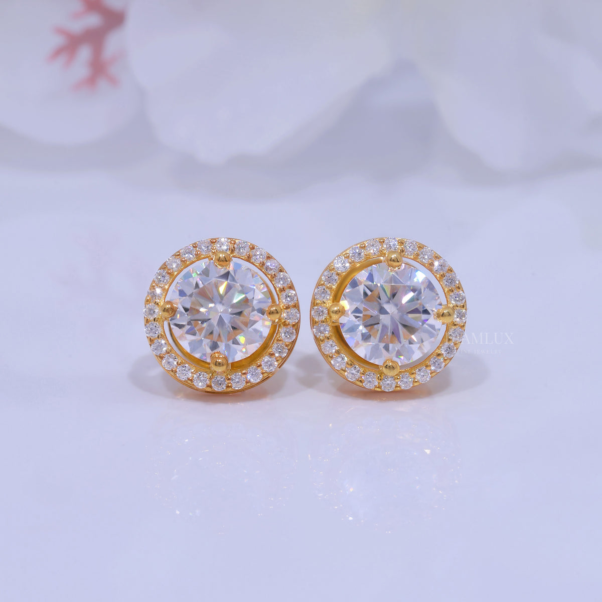 Yellow Gold Halo Diamond Stud Earrings With Moissanite Diamonds Diamlux Fine Jewelry