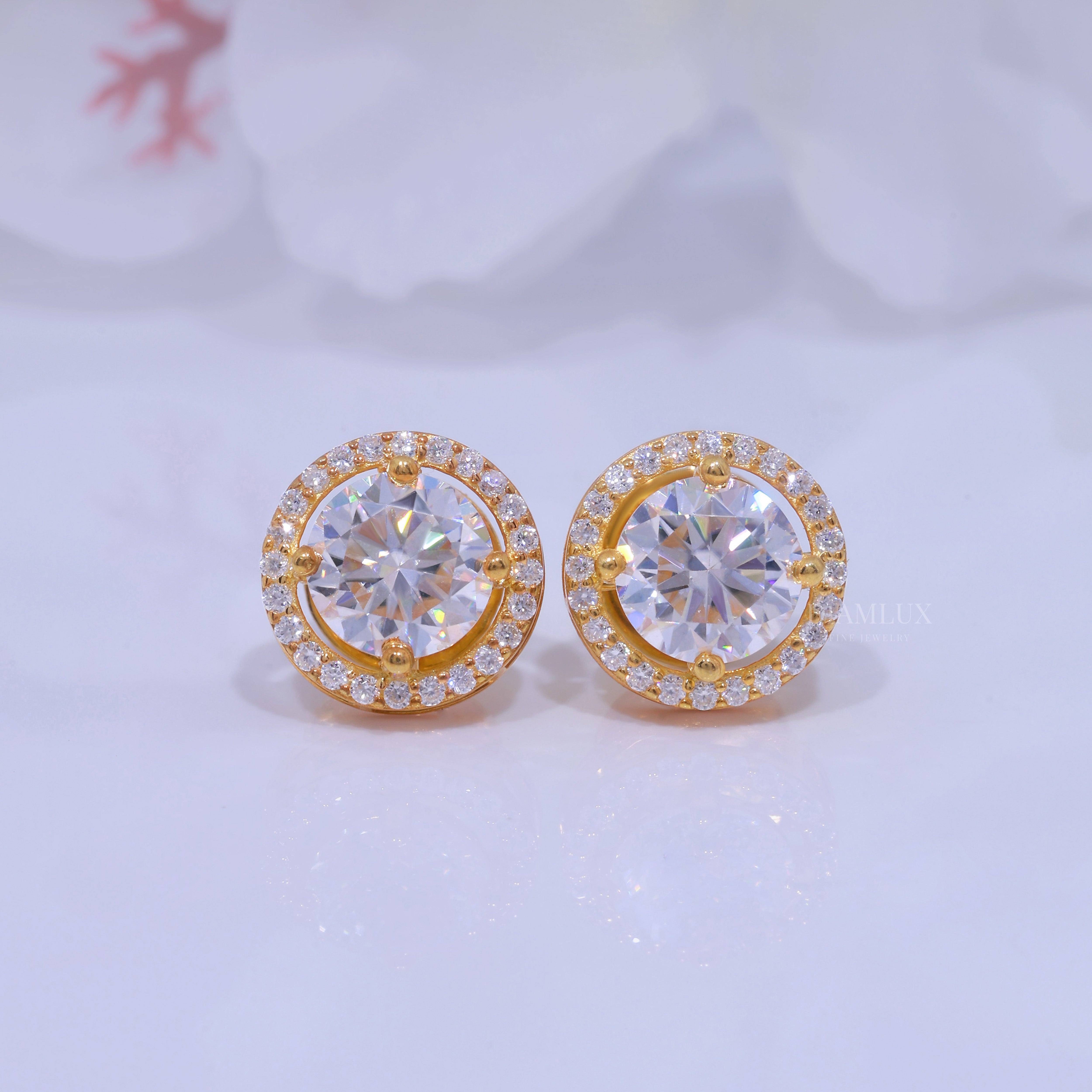 Yellow Gold Halo Diamond Stud Earrings With Moissanite Diamonds Diamlux Fine Jewelry