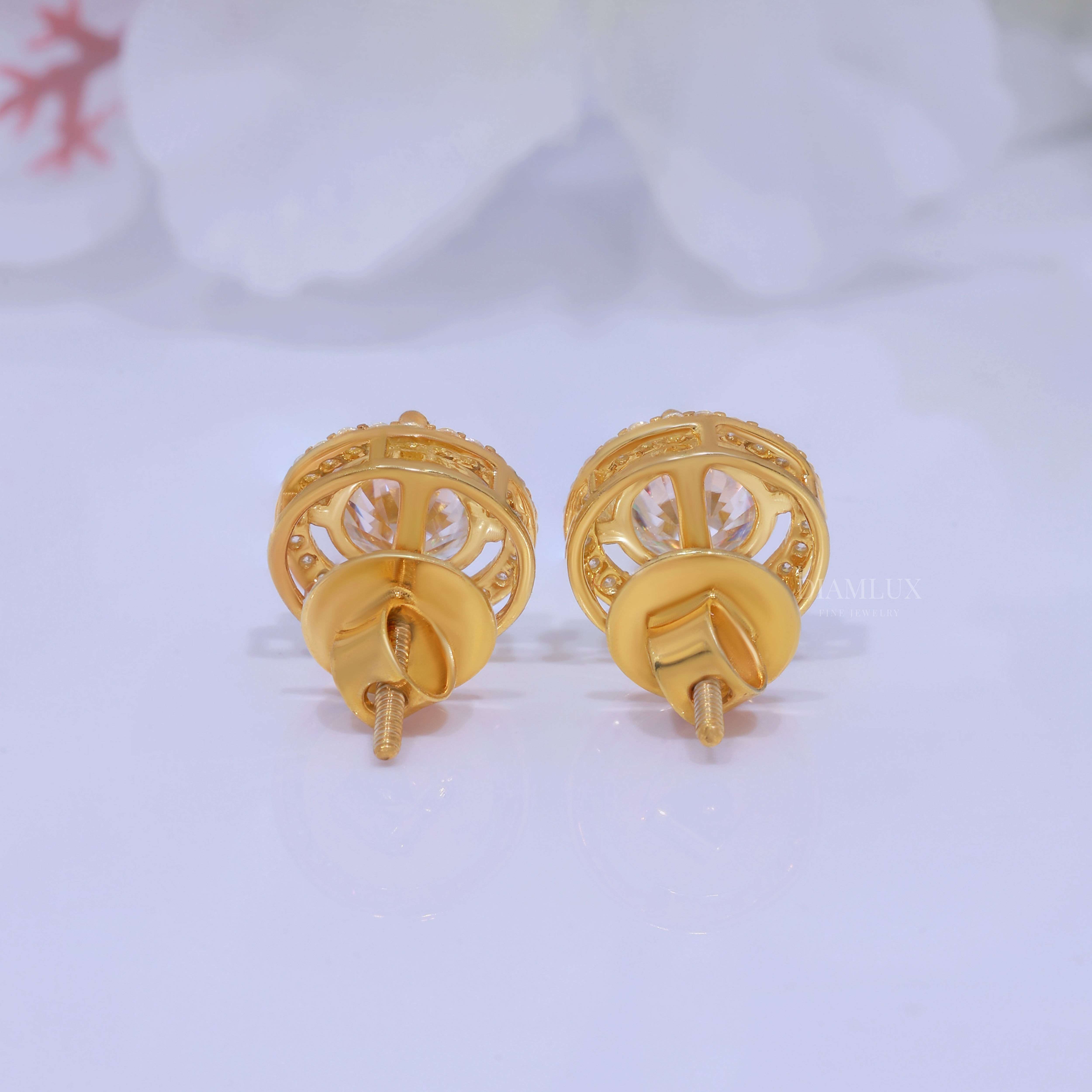 Yellow Gold Halo Diamond Stud Earrings With Moissanite Diamonds Diamlux Fine Jewelry