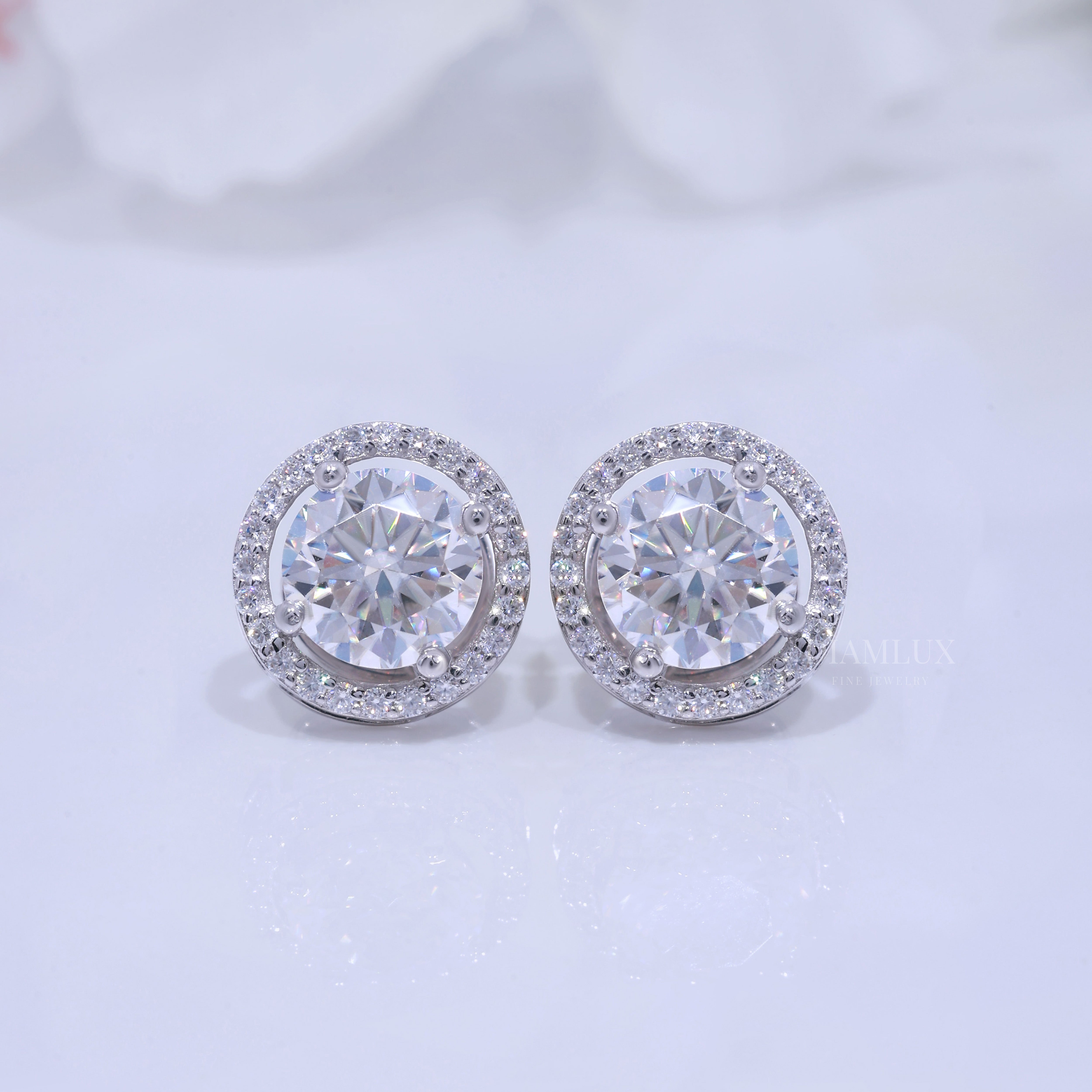 White Gold Halo Stud Earrings With Moissanite Diamonds Diamlux Fine Jewelry