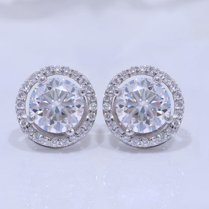 White Gold Halo Stud Earrings With Moissanite Diamonds Diamlux Fine Jewelry