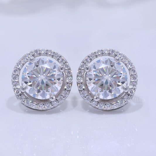 White Gold Halo Stud Earrings With Moissanite Diamonds Diamlux Fine Jewelry