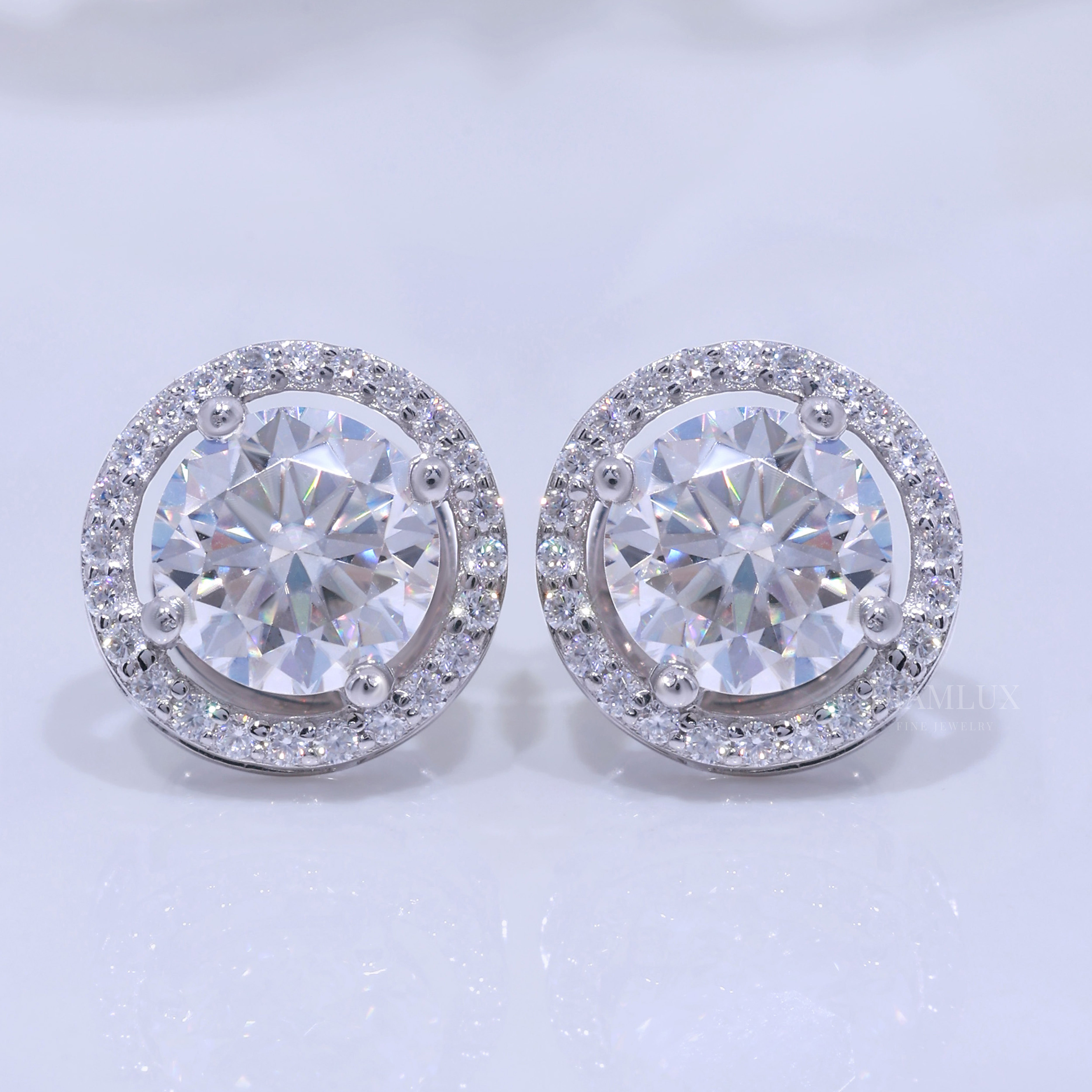 White Gold Halo Diamond Stud Earrings with Moissanite Diamonds Diamlux Fine Jewelry