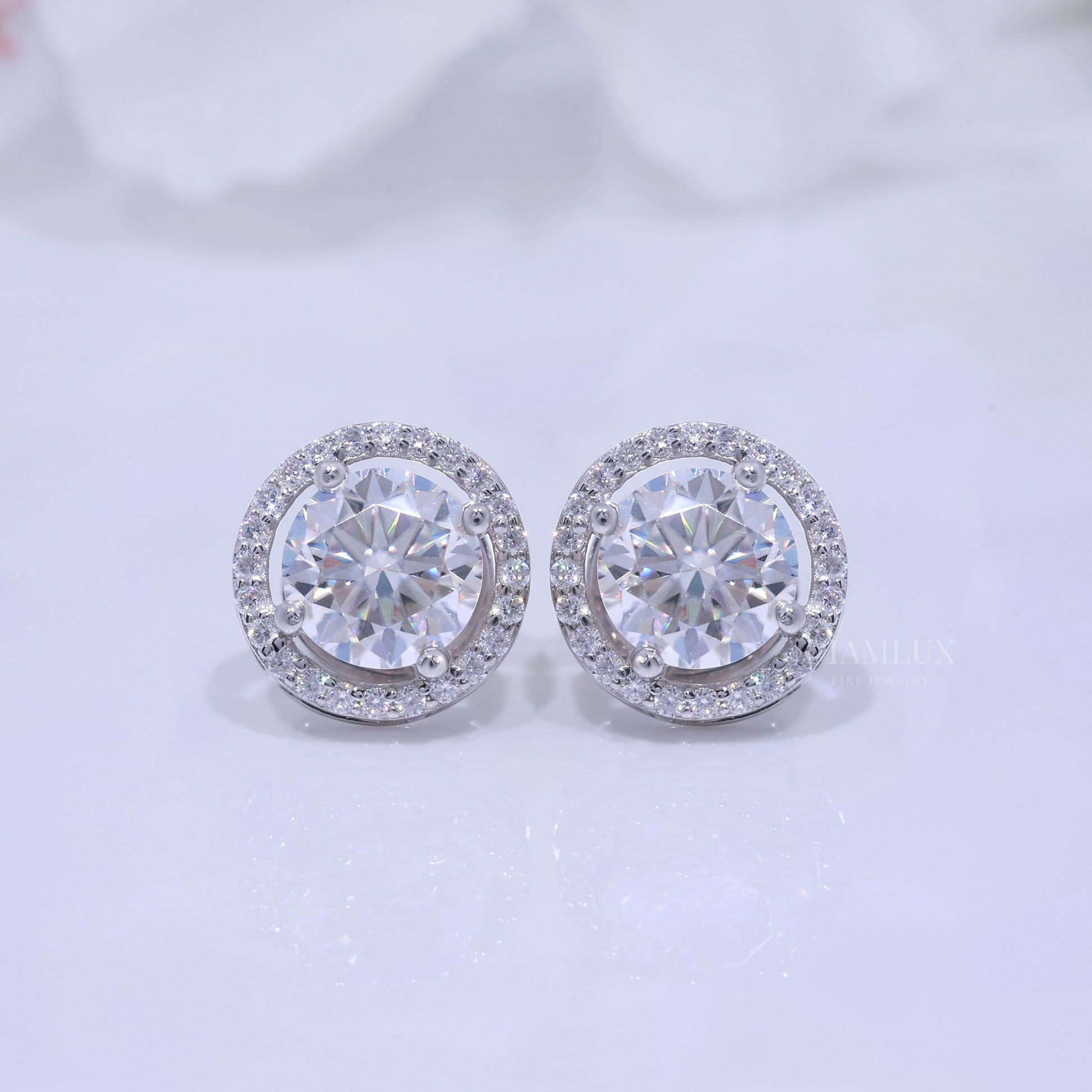 White Gold Halo Diamond Stud Earrings with Moissanite Diamonds Diamlux Fine Jewelry