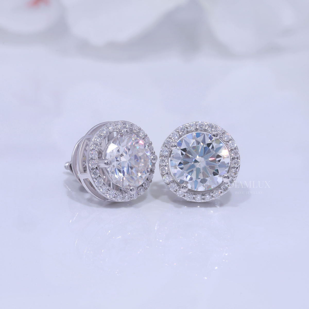 White Gold Halo Stud Earrings With Moissanite Diamonds Diamlux Fine Jewelry