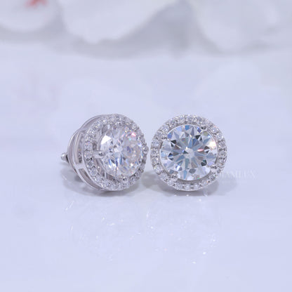 White Gold Halo Diamond Stud Earrings with Moissanite Diamonds Diamlux Fine Jewelry