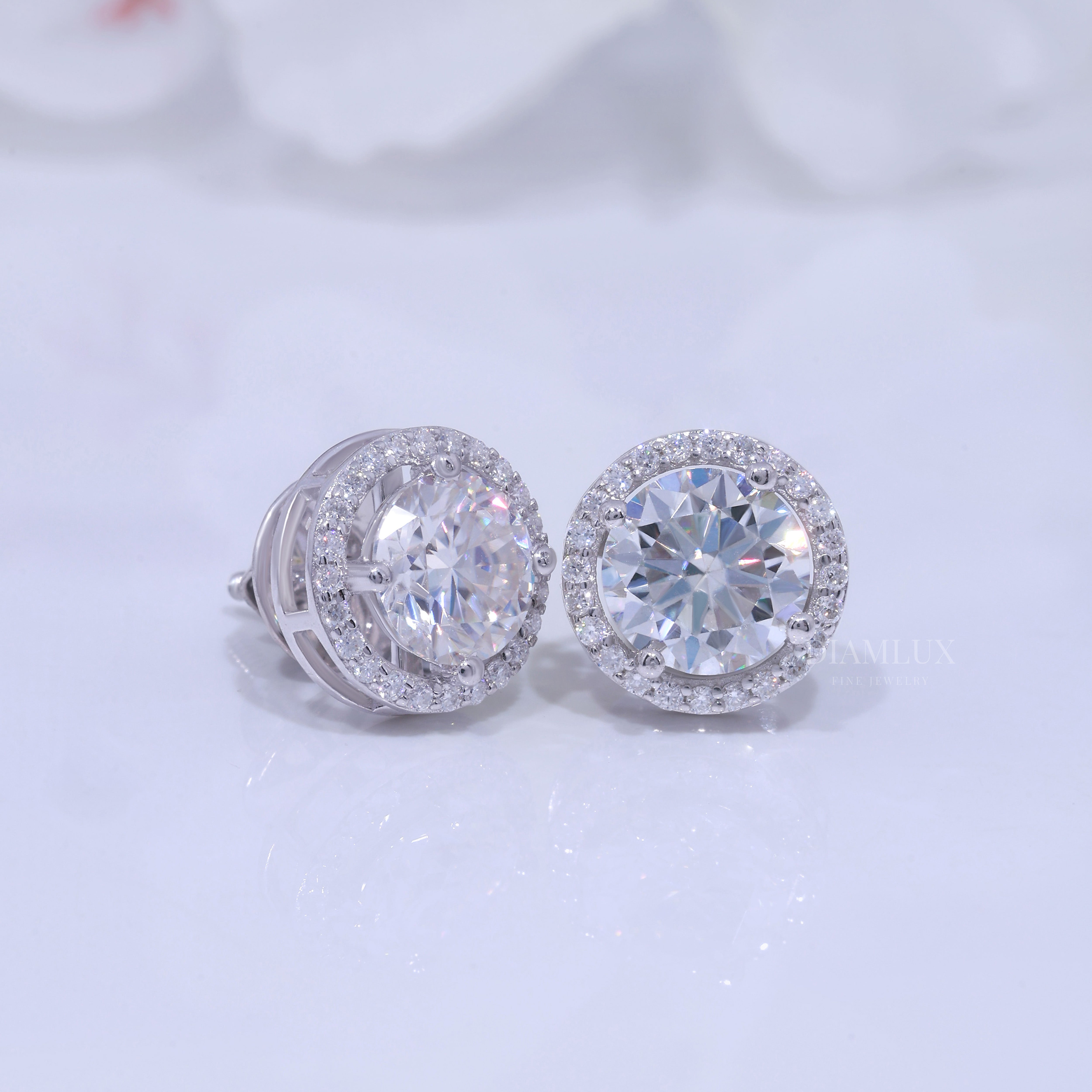 White Gold Halo Diamond Stud Earrings with Moissanite Diamonds Diamlux Fine Jewelry