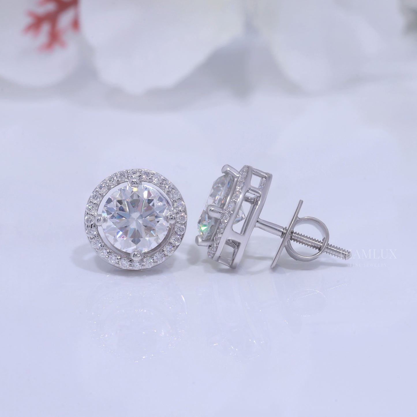 White Gold Halo Diamond Stud Earrings with Moissanite Diamonds Diamlux Fine Jewelry