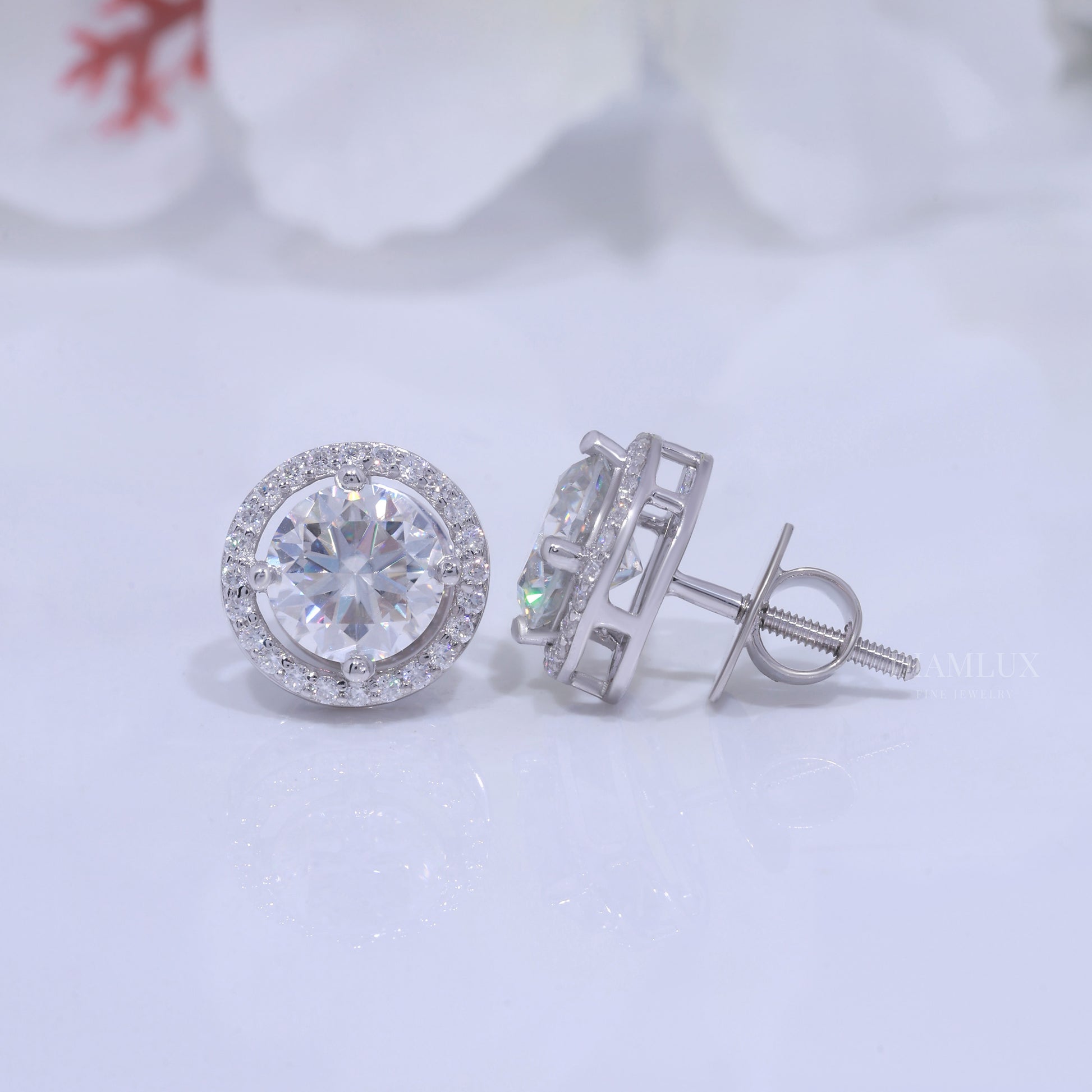 White Gold Halo Diamond Stud Earrings with Moissanite Diamonds Diamlux Fine Jewelry