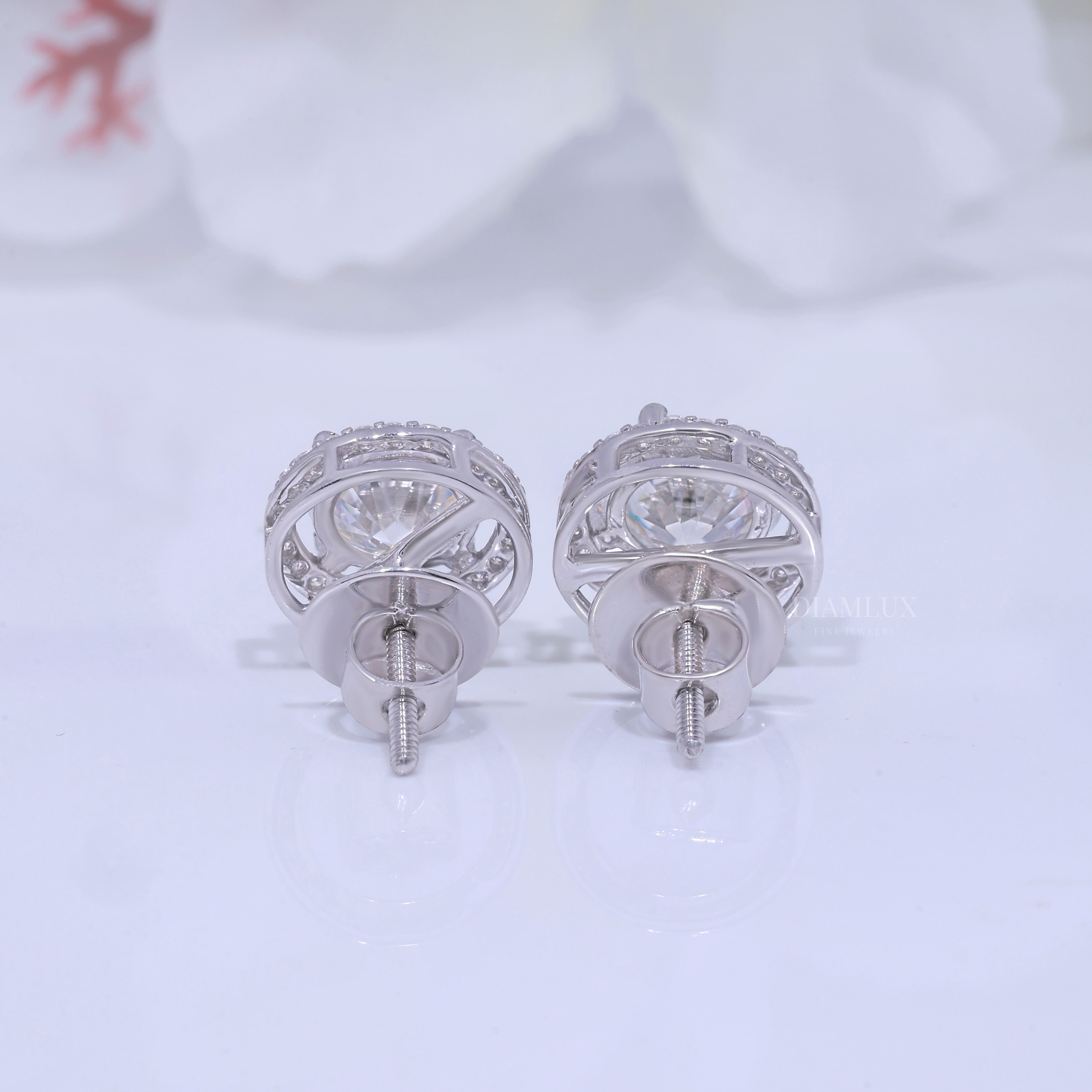 White Gold Halo Stud Earrings With Moissanite Diamonds Diamlux Fine Jewelry