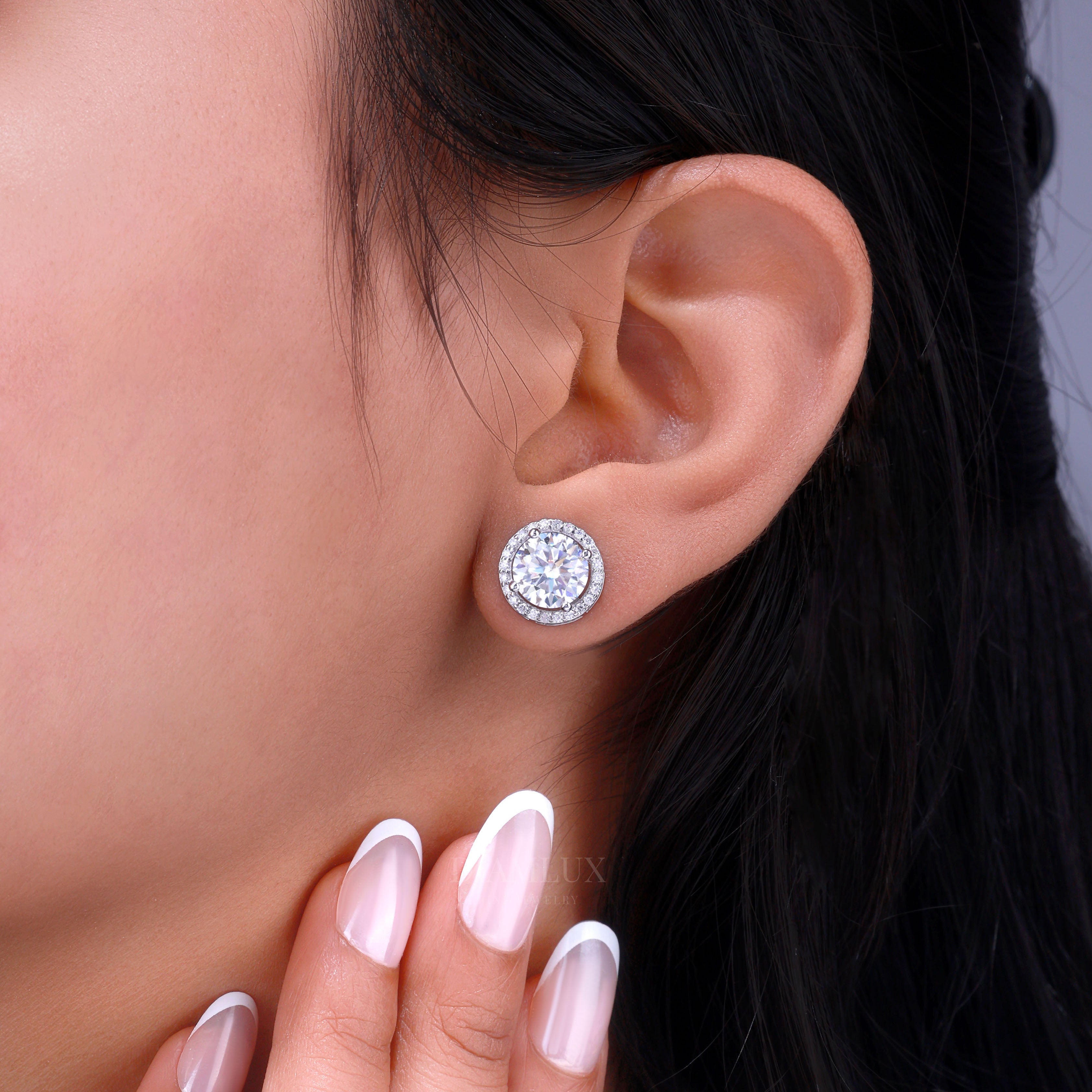 White Gold Halo Diamond Stud Earrings with Moissanite Diamonds Diamlux Fine Jewelry