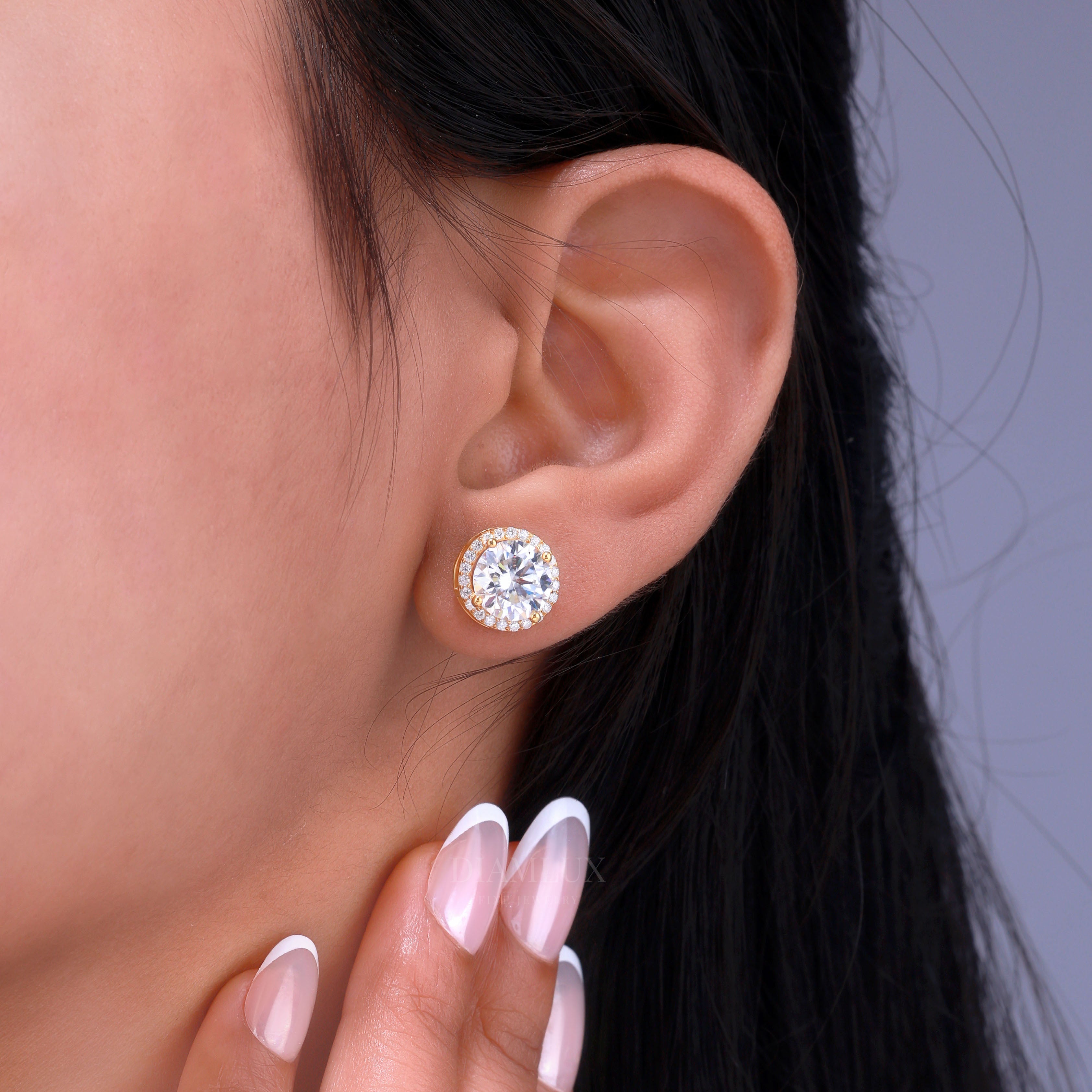 Yellow Gold Halo Stud Earrings With Moissanite Diamonds Diamlux Fine Jewelry