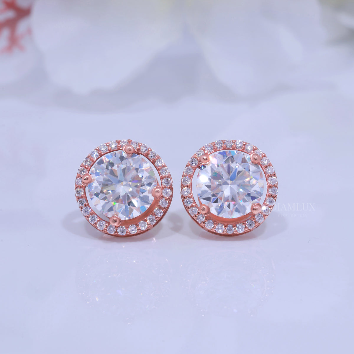 Rose Gold Halo Diamond Stud Earrings with Moissanite Diamonds Diamlux Fine Jewelry