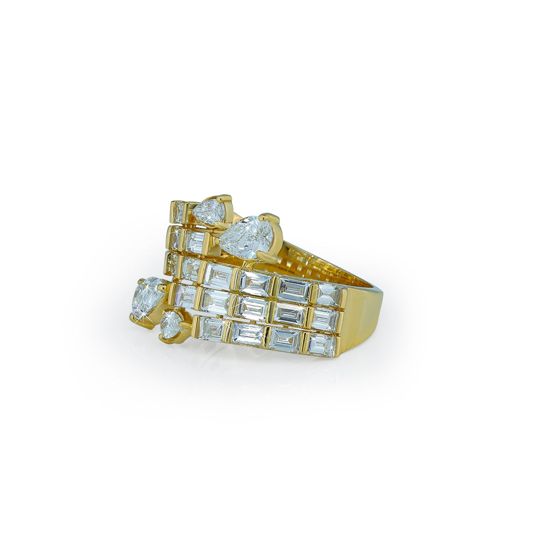 Double Flower Pear Diamond Bypass Ring in Yellow Gold-Lab Diamond Diamlux