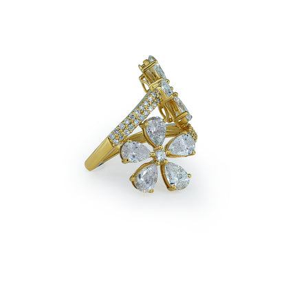 Double Flower Pear Diamond Bypass Ring in Yellow Gold-Lab Diamond Diamlux
