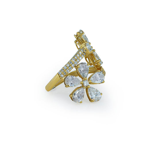 Double Flower Pear Diamond Bypass Ring in Yellow Gold-Lab Diamond Diamlux