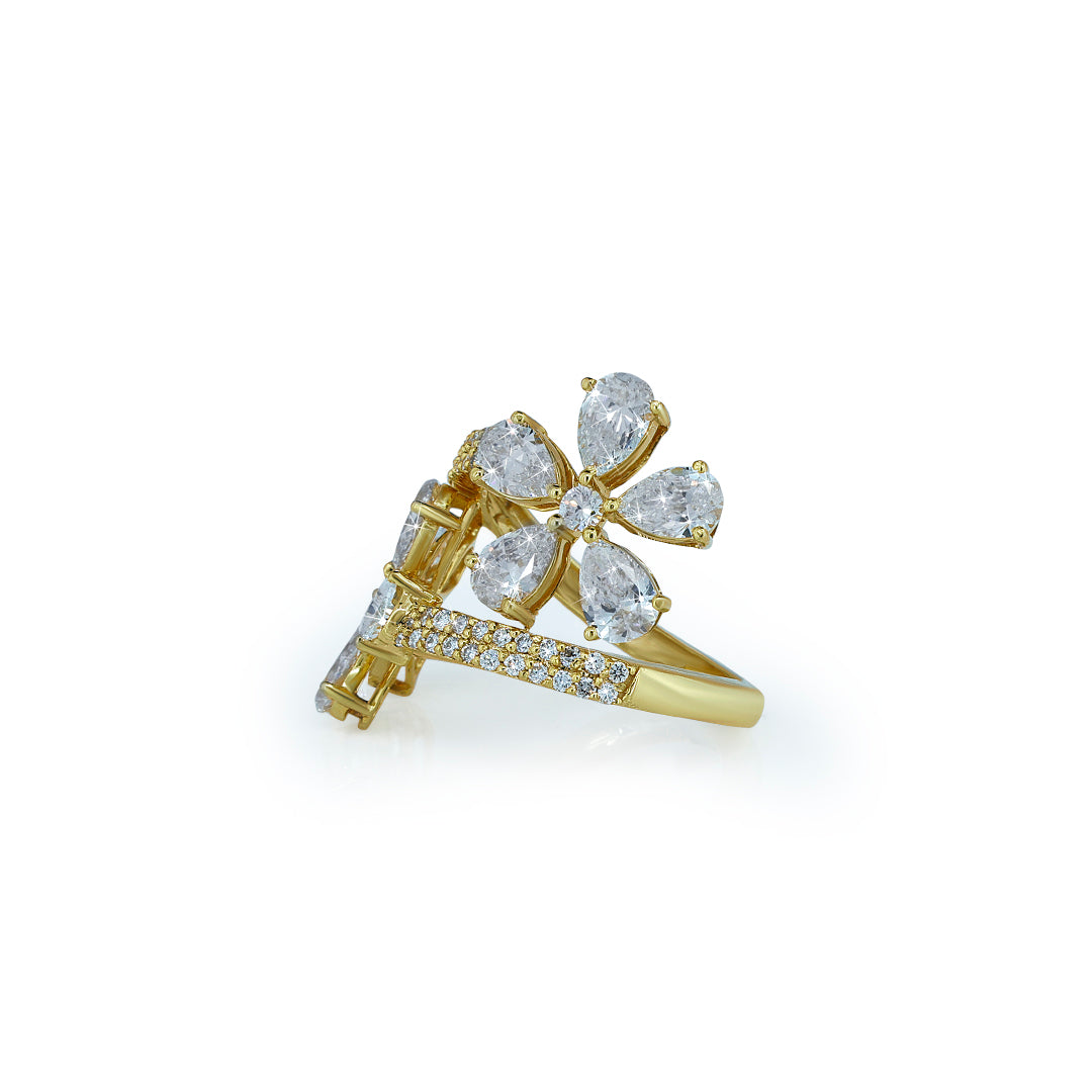 Double Flower Pear Diamond Bypass Ring in Yellow Gold-Lab Diamond Diamlux