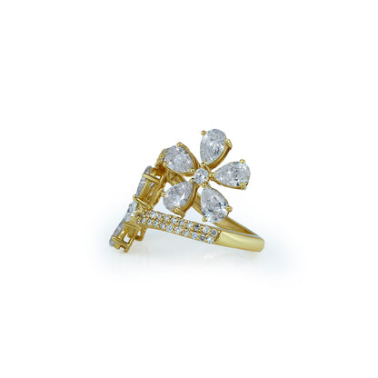 Double Flower Pear Diamond Bypass Ring in Yellow Gold-Lab Diamond Diamlux