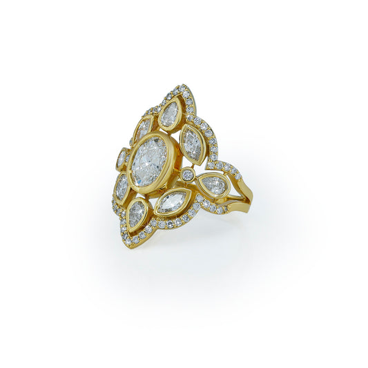 Ornate Marquise & Oval Diamond Cocktail Ring in Yellow Gold- Lab Diamond Diamlux