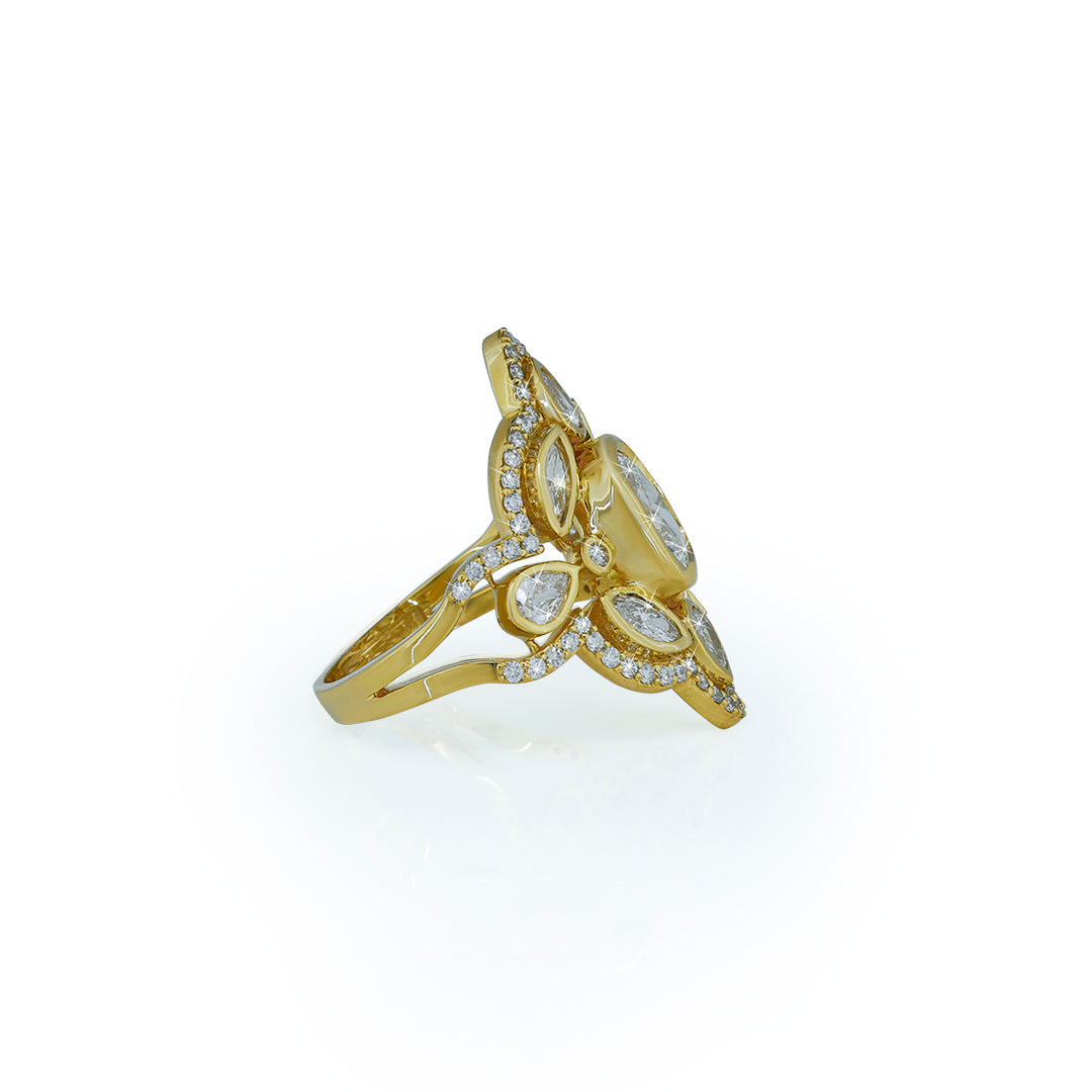 Ornate Marquise & Oval Diamond Cocktail Ring in Yellow Gold- Lab Diamond Diamlux