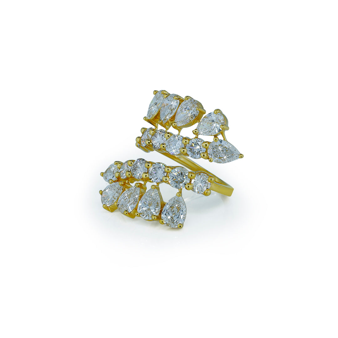 Pear Cluster Double Band Diamond Ring in Yellow Gold-Lab Diamond Diamlux