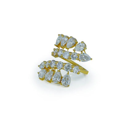 Pear Cluster Double Band Diamond Ring in Yellow Gold-Lab Diamond Diamlux