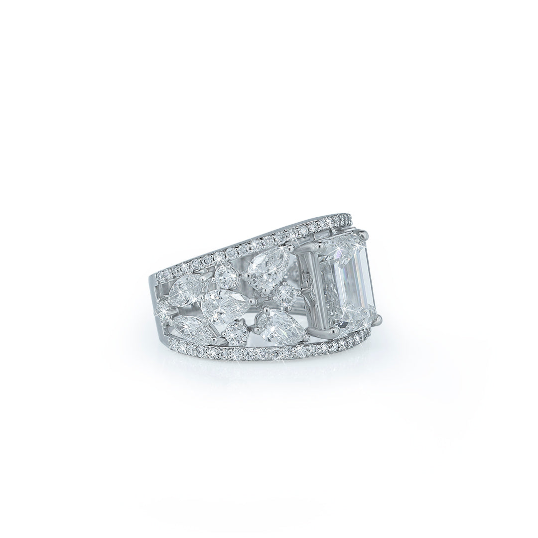 Emerald Cut Wide Band Diamond Ring- Lab Diamond Diamlux