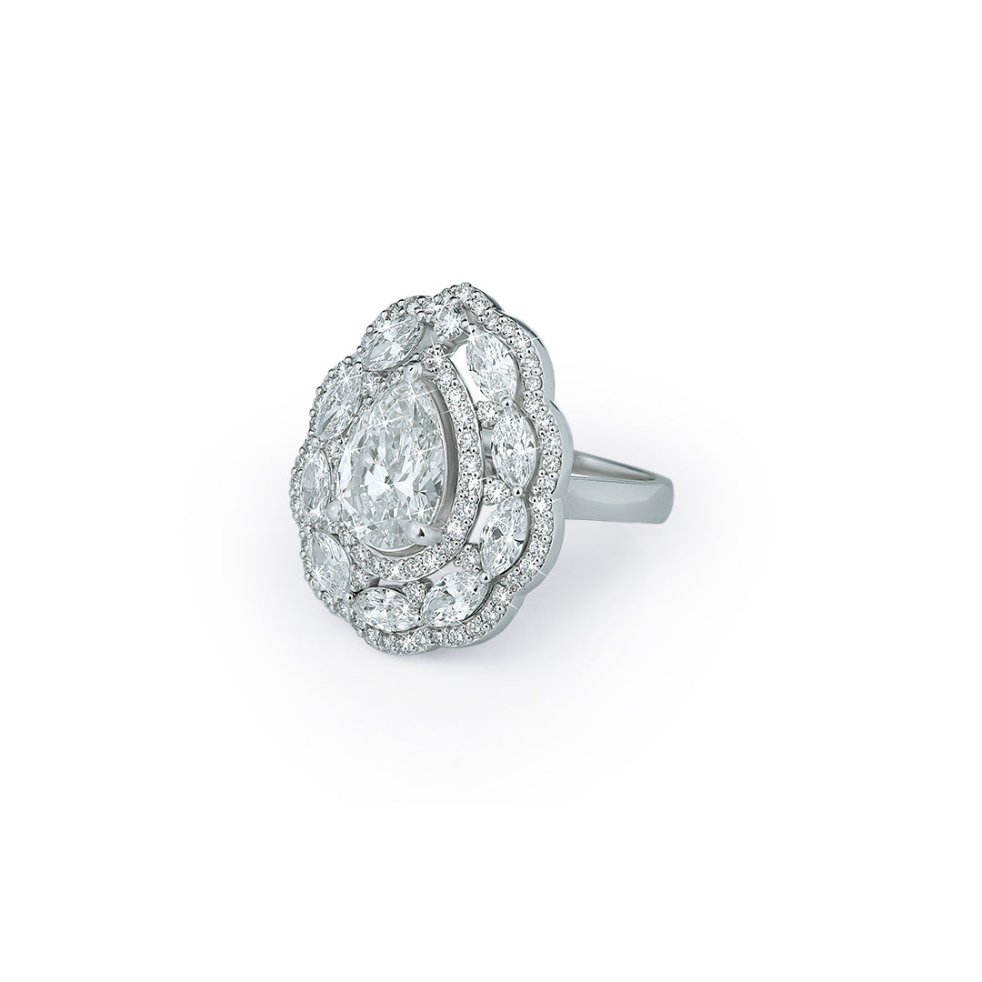 Pear Cluster Double Band Diamond Ring in Yellow Gold-Lab Diamond Diamlux