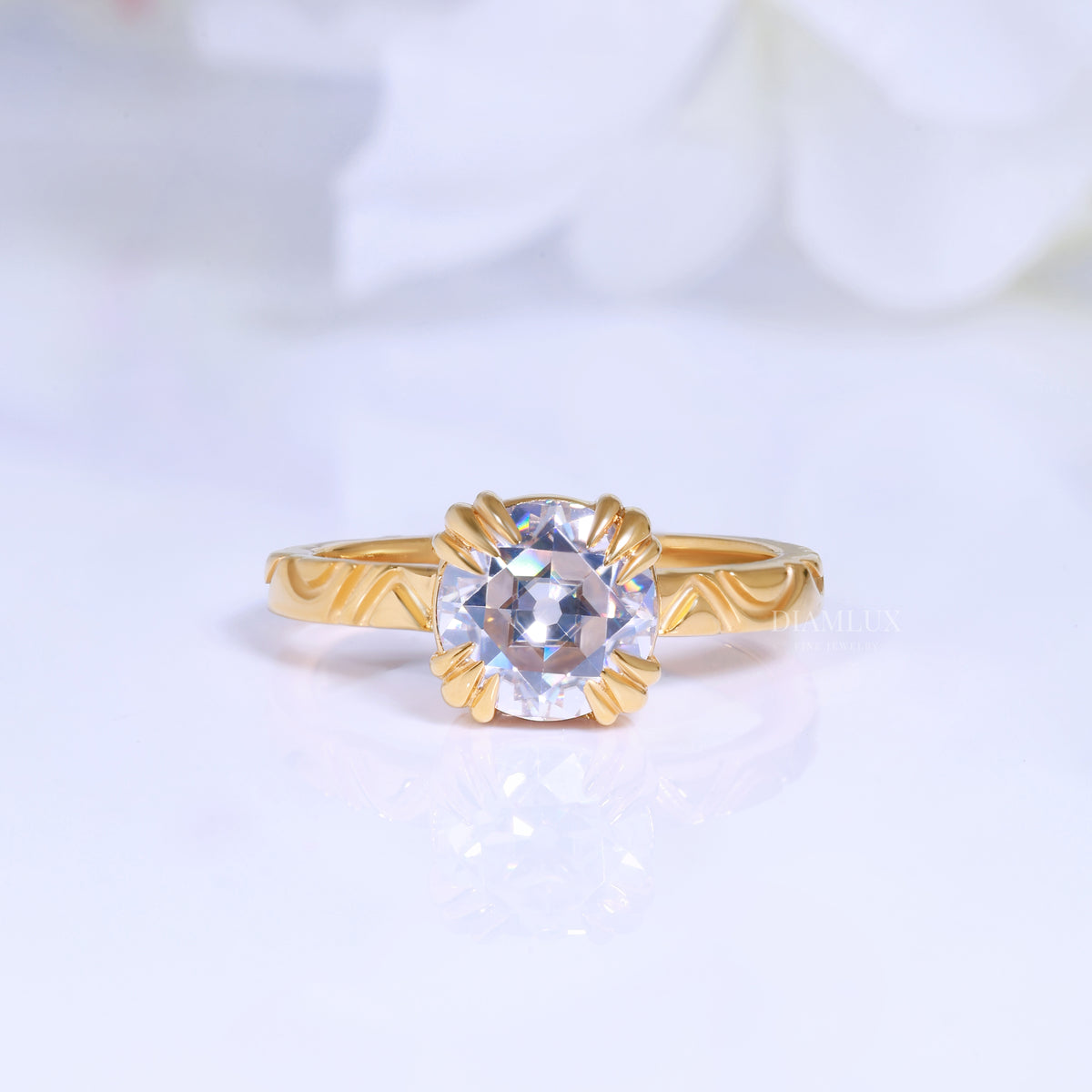 Round Brilliant Cut Lab Diamond Ornate Petal Solitaire Ring in 14kt Gold Diamlux Fine Jewelry