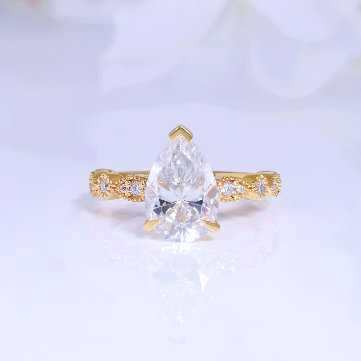 Pear Cut Lab Diamond Vintage Filigree Engagement Ring in 14kt Yellow Gold Diamlux Fine Jewelry