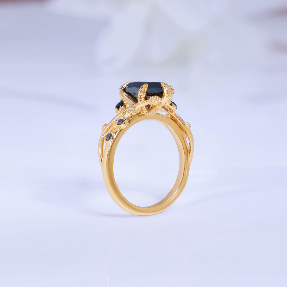 Midnight Blossom Marquise Black Gemstone Gold Ring Diamlux Fine Jewelry